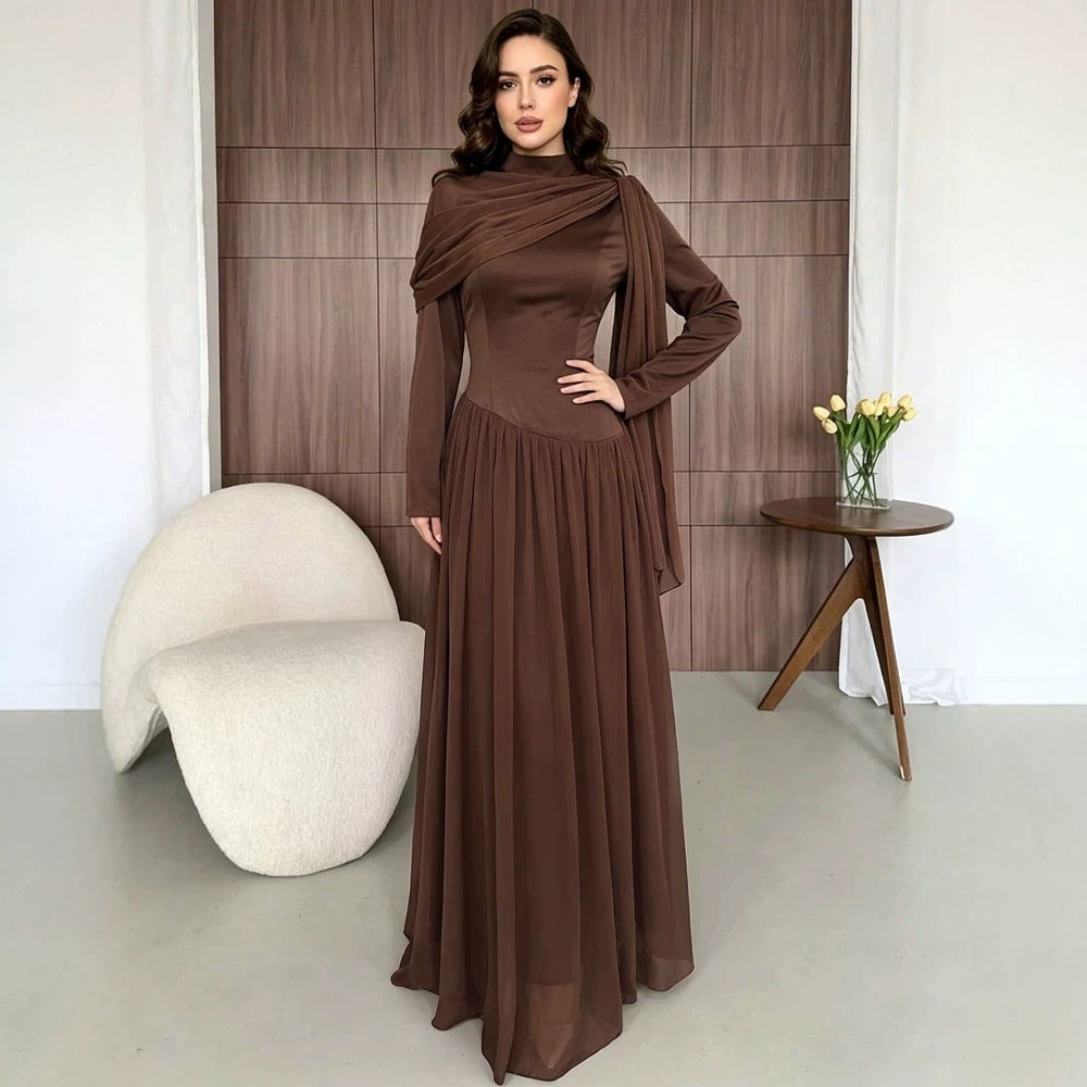 Women's Autumn Solid Color Elegant Satin Ruffled Formal Dinner Long
