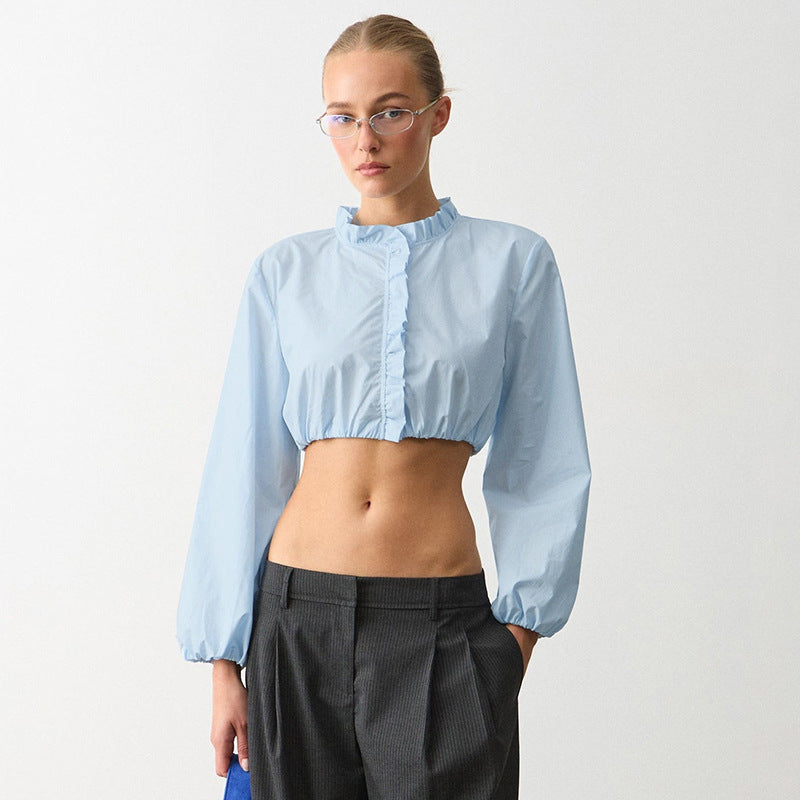 Fall Women Clothing Wooden Ear Short Cropped Outfit Long Sleeve Shirt