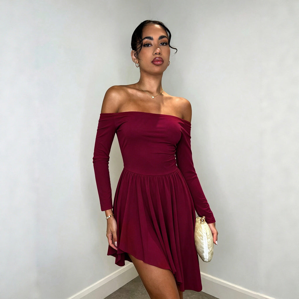 Burgundy off-shoulder long-sleeve dress with ruched waist and pleated skater skirt