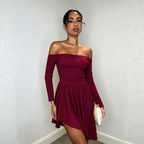 Burgundy off-shoulder long-sleeve dress with ruched waist and pleated skater skirt