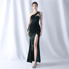 Women's Handmade Beaded Velvet Bottom Sequin Dinner Wedding Evening Dress