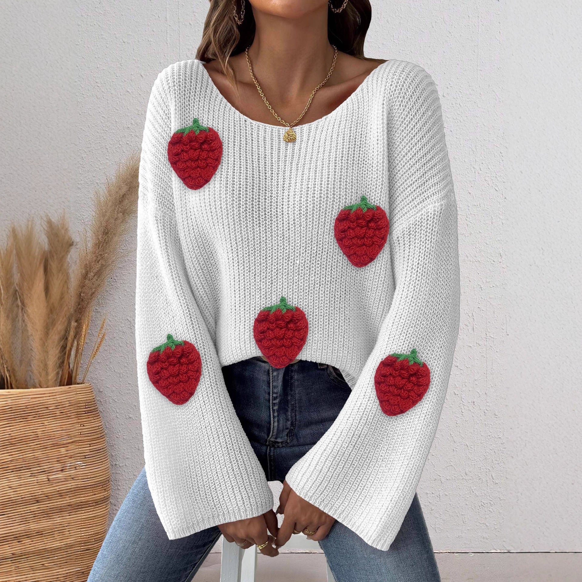 Women Pullover Sweater Top Women Clothing Simple Loose off Shoulder off the Shoulder Flared Sleeves Sweater