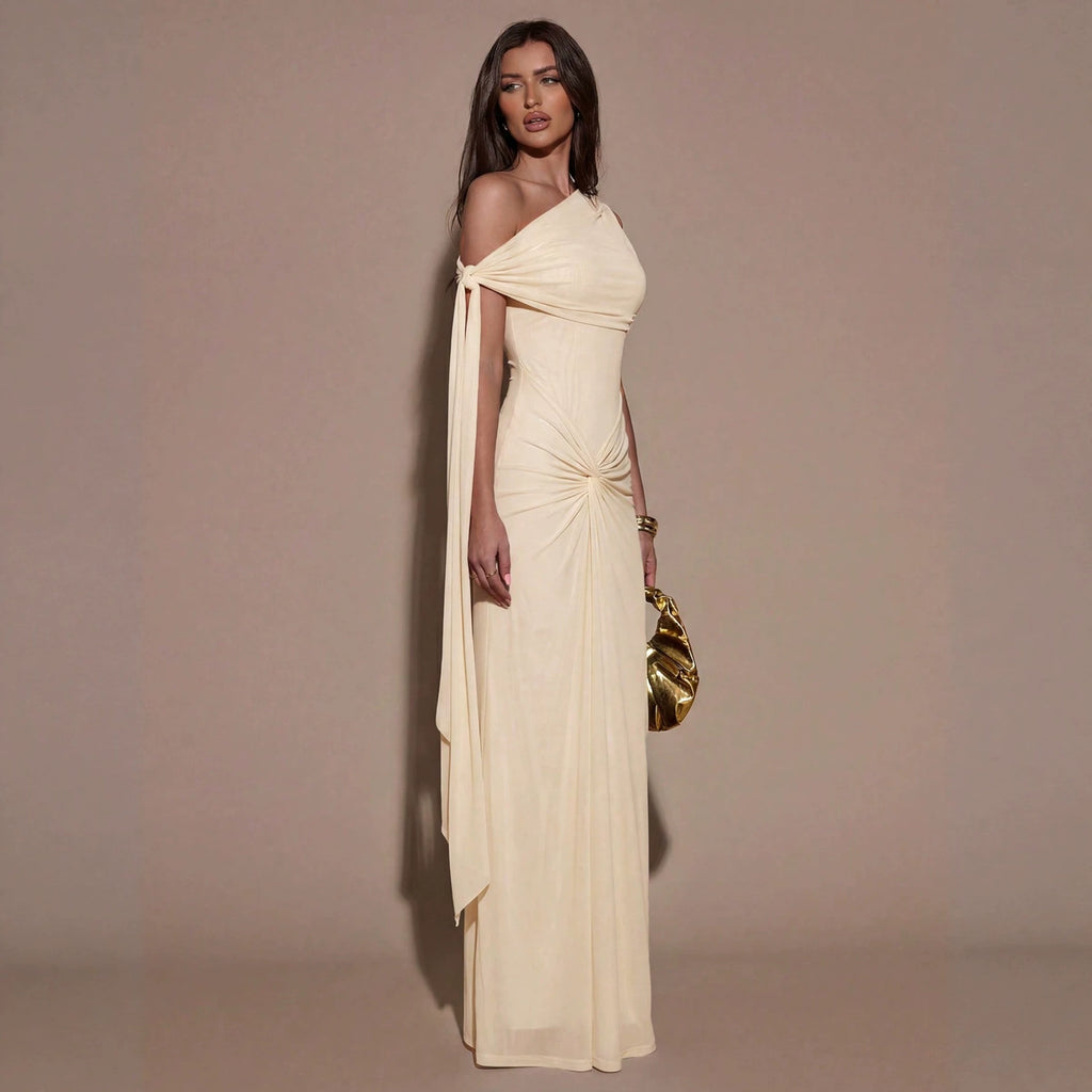 Light yellow off-shoulder maxi dress with pleated drape bodice and ruched waist
