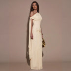 Light yellow off-shoulder maxi dress with pleated drape bodice and ruched waist