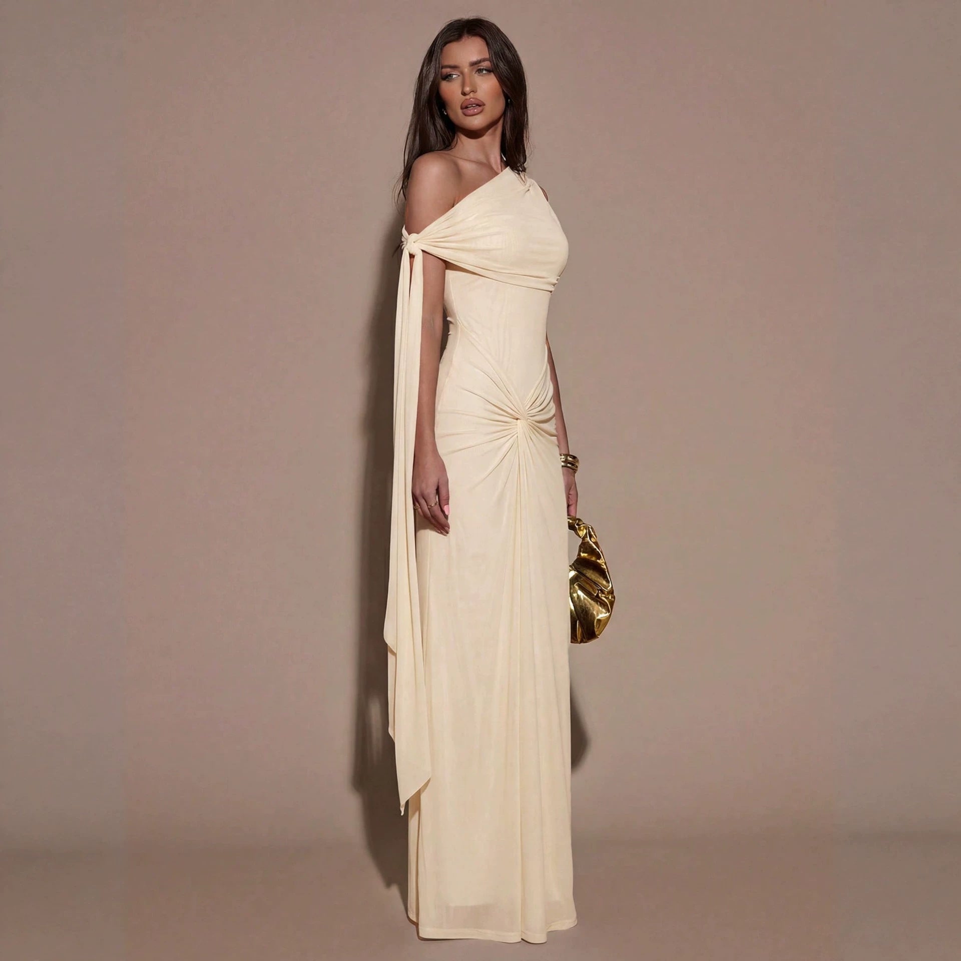 Light yellow off-shoulder maxi dress with pleated drape bodice and ruched waist