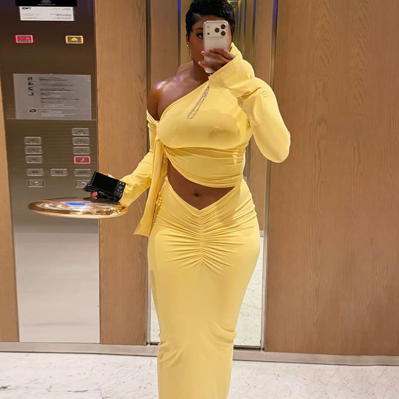 Solid Color Slim Fit Women Clothing Cropped Tube Skirt Diagonal Collar Shoulder Asymmetric Long Sleeve Two Piece Sets