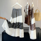 Retro Artistic Floral Plaid Stitching Lace Skirt Women