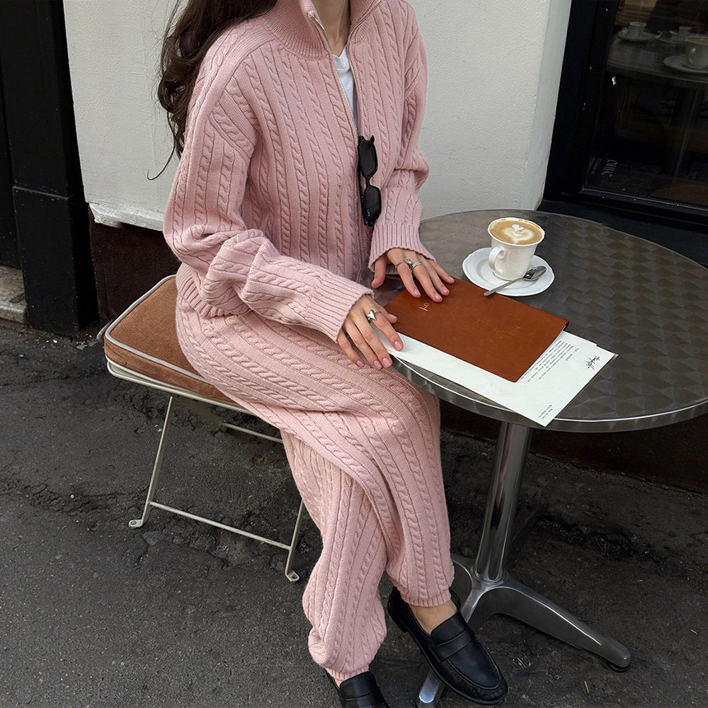 Women's Fall Winter Women Casual Cable Knit Turtleneck Zip Up Sweater Pants Two Piece Set