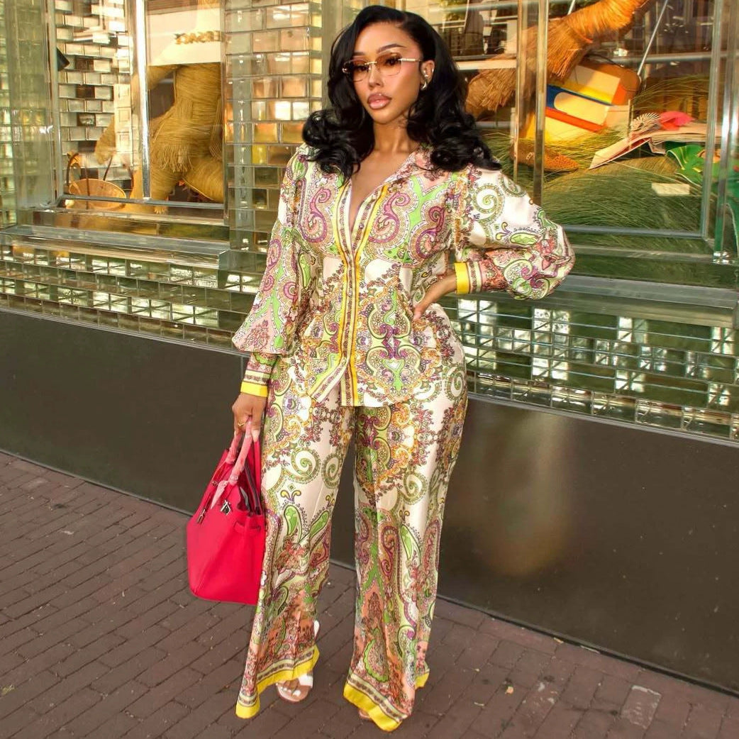 Women's Clothing Long Sleeve Printed Shirt Loose All Matching Trousers Western Two Piece Sets
