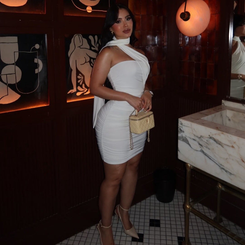 White halter mini dress with halter strap and ruched body