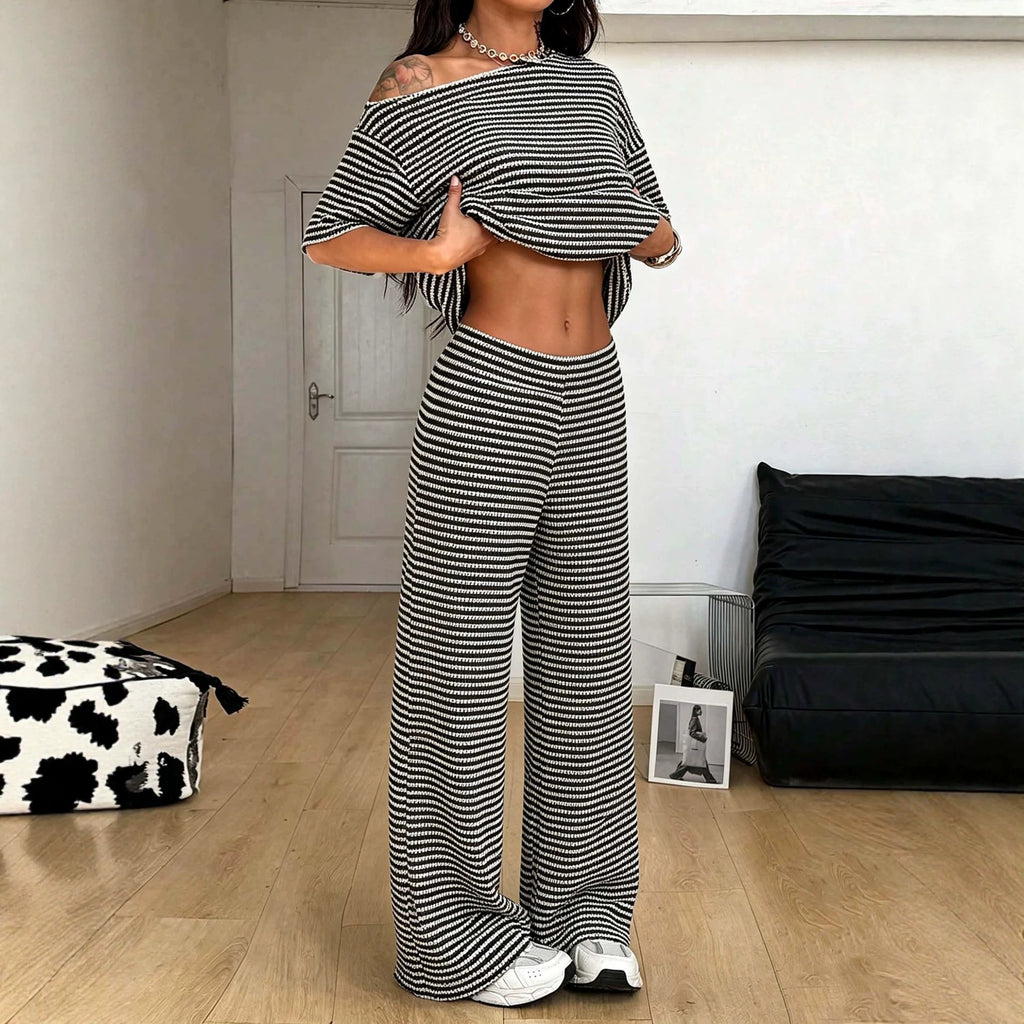 Black White Striped Sloping Shoulder off the Shoulder Short
