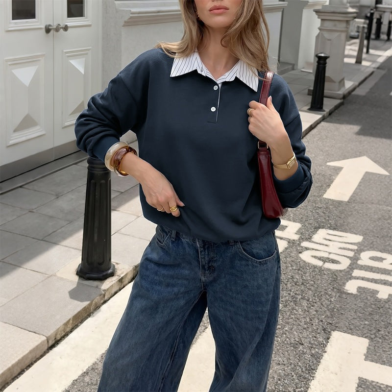 Autumn Winter Casual Preppy Top Loose False Two Pieces Stitching