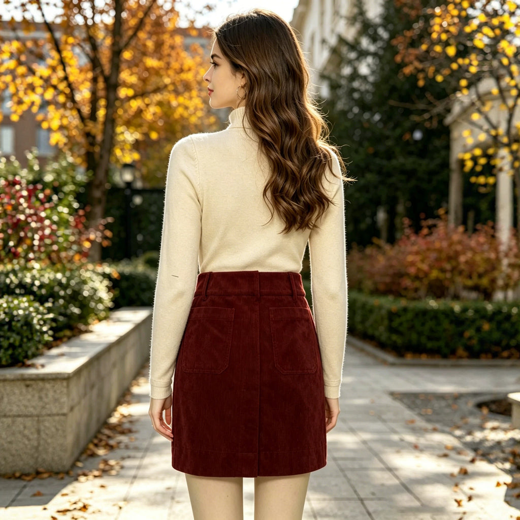 Fall Winter Red Brown Elegant High Grade Corduroy Skirt