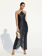 Fringe Halter Split Bodycon Maxi Dress