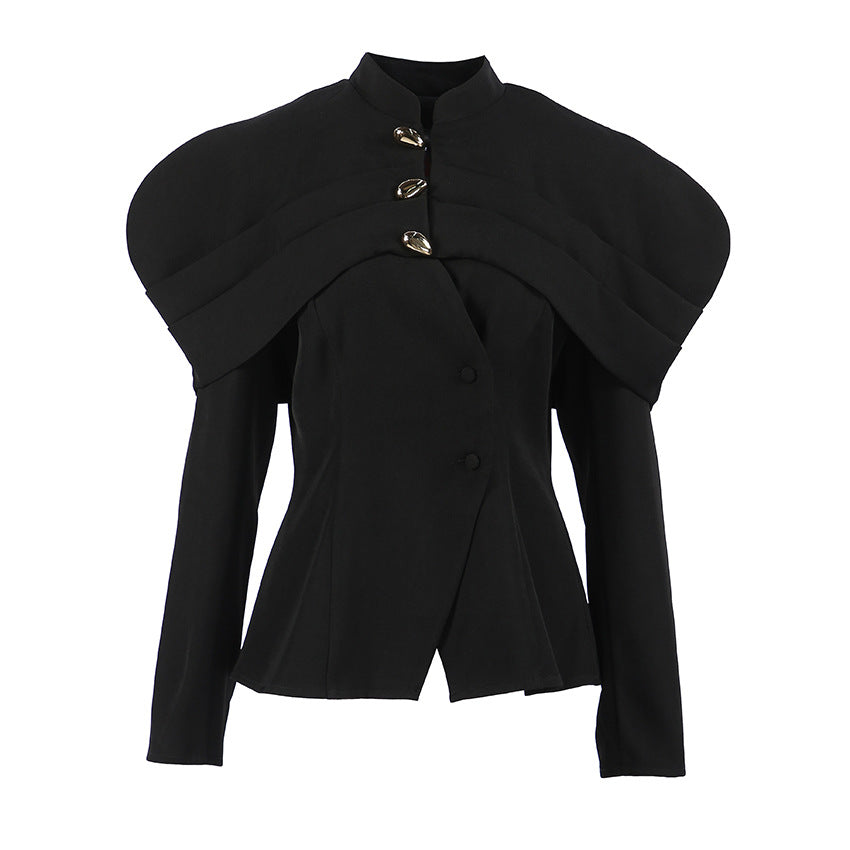Women's Black Button Stand Collar Slim Top