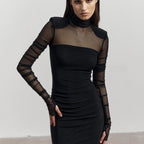 Elegant Half Turtleneck Mesh Slim Fit Patchwork Sexy Padded Shoulder