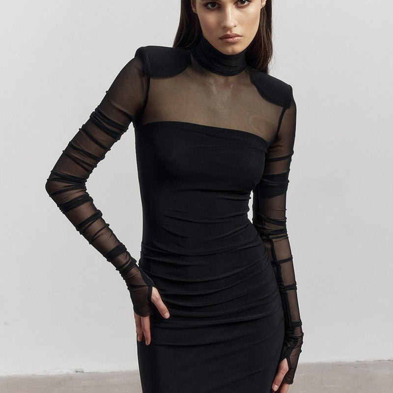 Elegant Half Turtleneck Mesh Slim Fit Patchwork Sexy Padded Shoulder