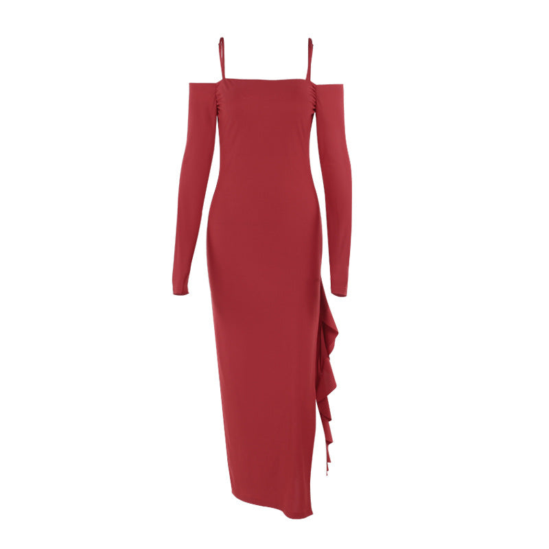 Spaghetti-Strap Ruffle Asymmetric Bodycon Maxi Dress