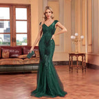 Women's V-Neck Sequin Backless Fishtail Maxi Dress