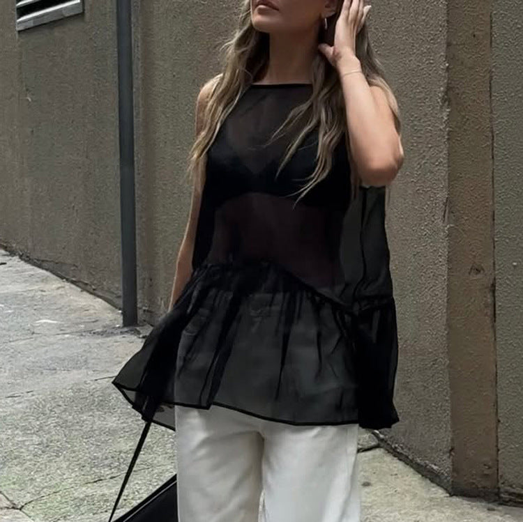 Women ClothingSummer Sexy Sexy round Neck See through Loose Black Sleeveless Top