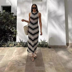 Tight Striped Tassel Knitted Sleeveless Summer Midi Dress