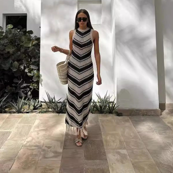 Tight Striped Tassel Knitted Sleeveless Summer Midi Dress