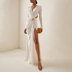 Women's White V-Neck Cutout Long-Sleeve Dress