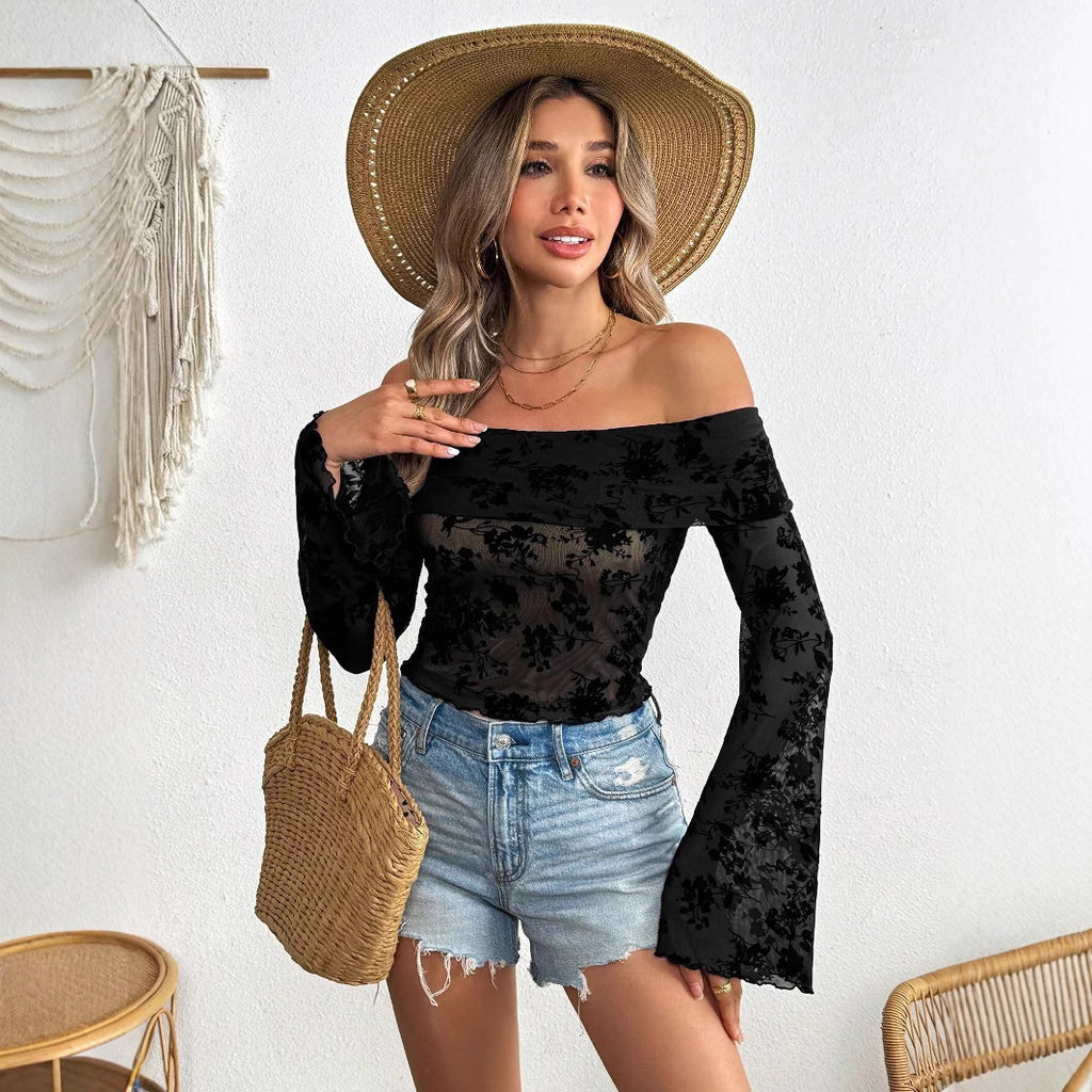 Floral Mesh Knit Off-Shoulder Top