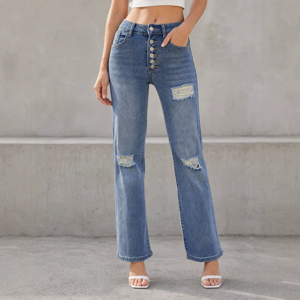 Ripped Straight-Leg Jeans