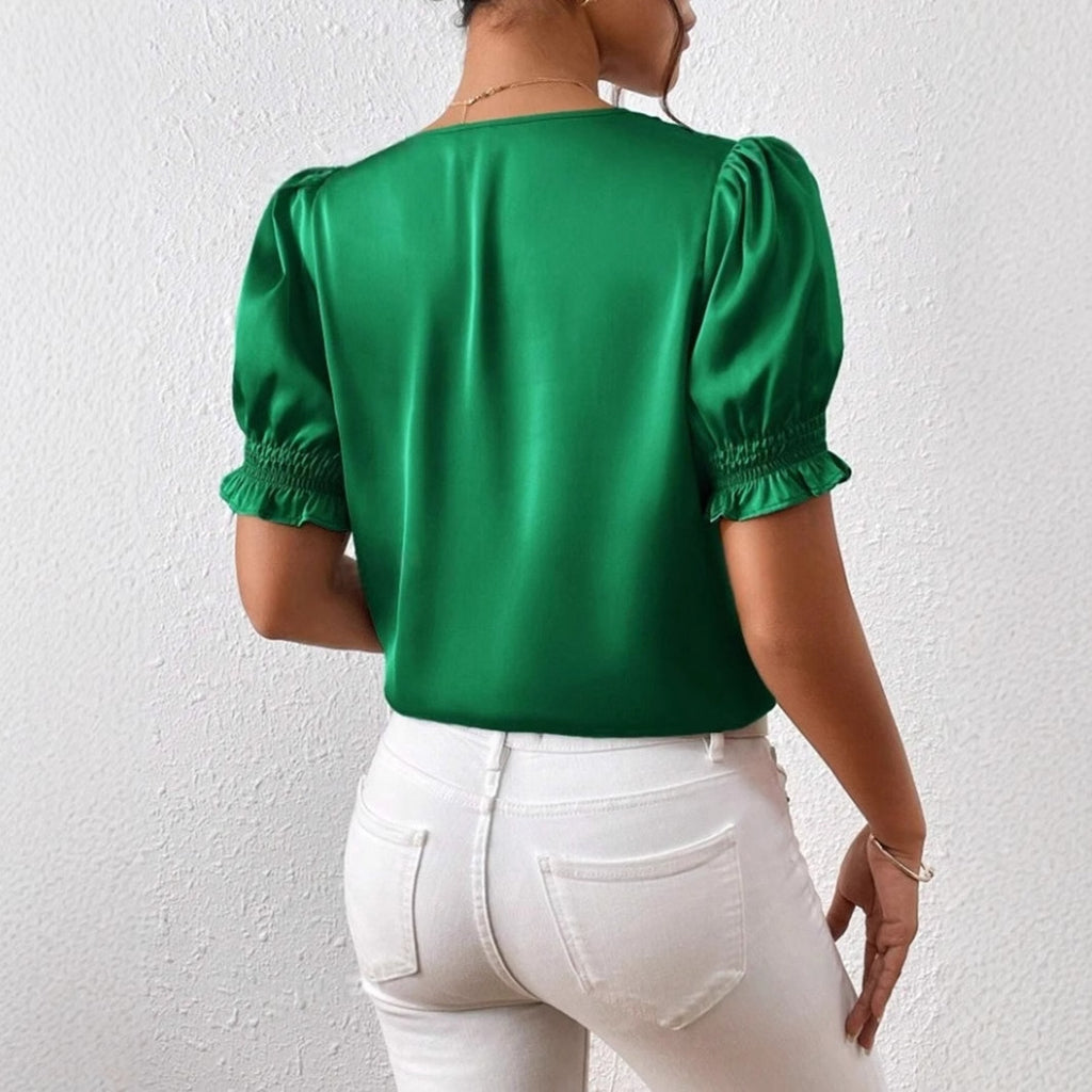 Women's Satin V Neck Ruffle Blouse