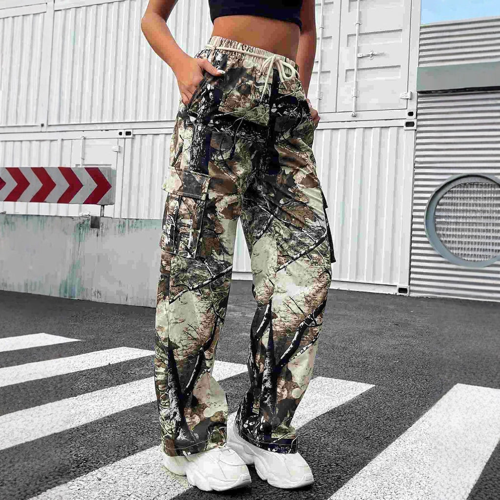 Women's Casual Cool Woven Printed Trousers Heavy Industry Elastic Waist Camouflage Cargo Pants Women Cool Rustling