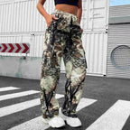 Women's Casual Cool Woven Printed Trousers Heavy Industry Elastic Waist Camouflage Cargo Pants Women Cool Rustling