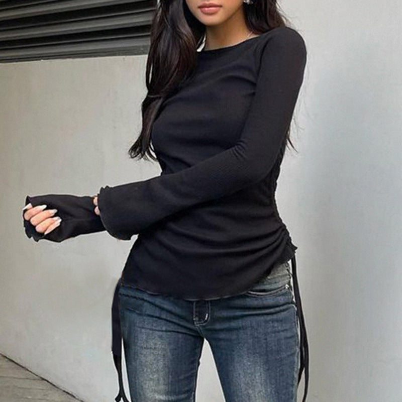 Women's Black Lace-Up Drawstring Long Sleeve Top