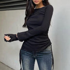 Women's Black Lace-Up Drawstring Long Sleeve Top