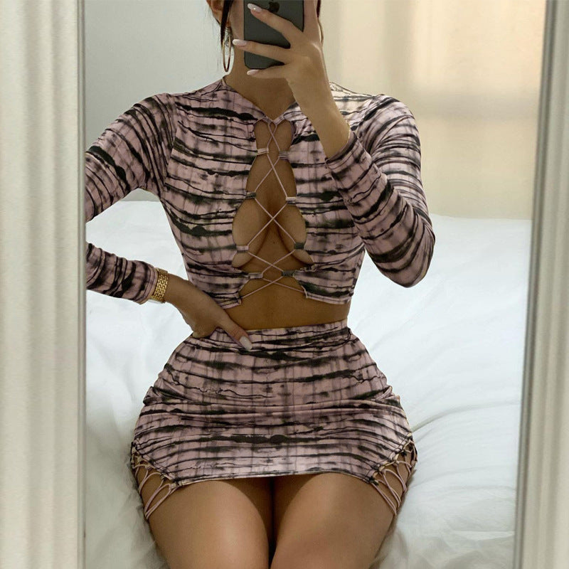 Autumn Printed Cropped Outfit Lace-Up Top Tight Sheath Short Dress Two Pie