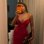 Red pleated summer dress with spaghetti straps, lace trim, and side slit