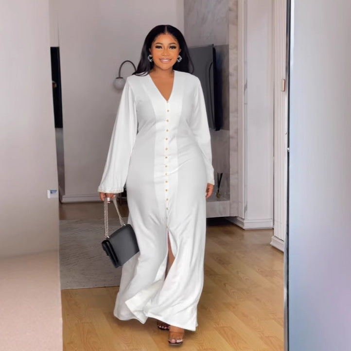 V-Neck Belted Long-Sleeve Split Bodycon Maxi Dress