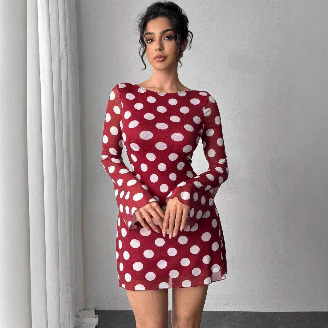 Polka Dot Backless Mesh Mini Dress