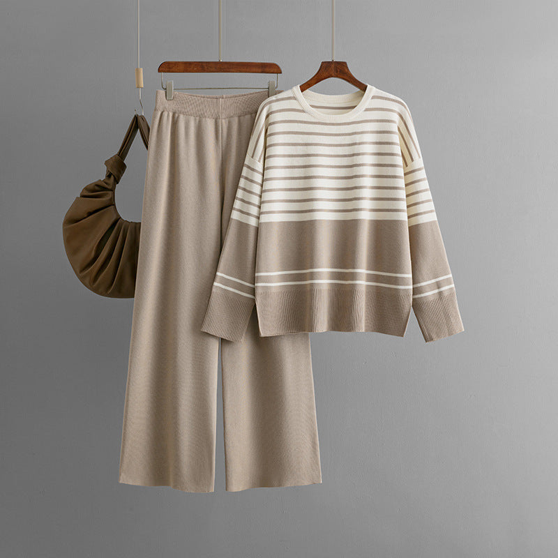Autumn Winter Striped Knitted Two Piece Round Neck Sweater Loose Casual Set