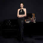 Women's Cocktail Long Halter Set Diamond Sequin Aura Queen Fishtail Dress