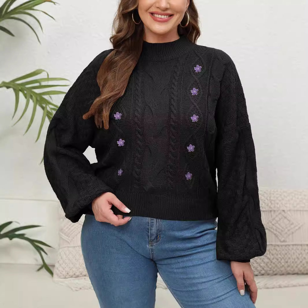Plus Size Women Sweater Half Turtleneck Lantern Sleeve Floral Embroidery Stickers Pullover Sweater