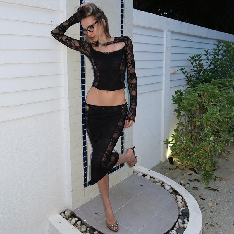 Women's Lace Top and Low-Waist Skirt Set