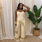 Spaghetti Strap Camisole Top Wear Loose Wide Pants Tassel Two Piece Women Clothing