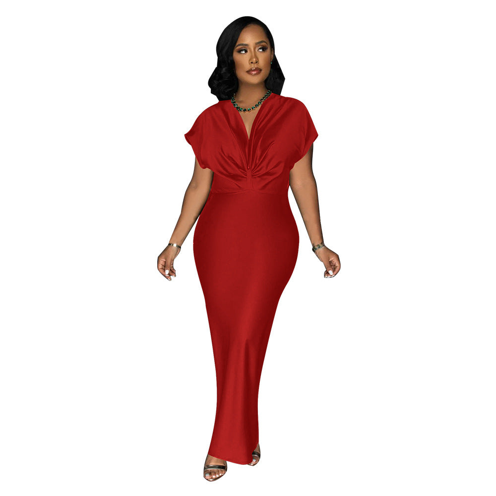 Women's V-Neck Short-Sleeve Split Maxi Dress