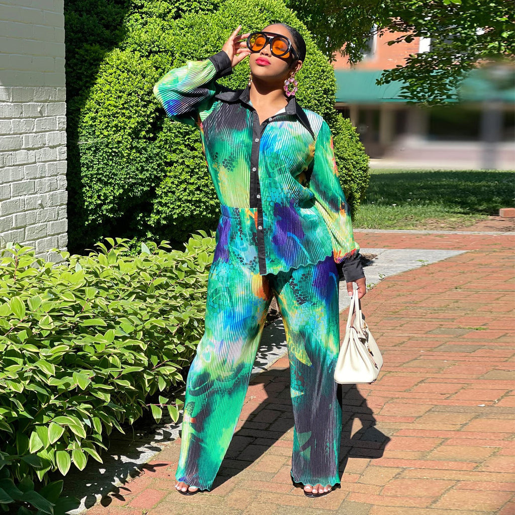 Autumn Long-Sleeve Wide Leg Pants Printed Pleated Set