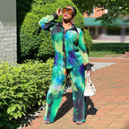 Autumn Long-Sleeve Wide Leg Pants Printed Pleated Set