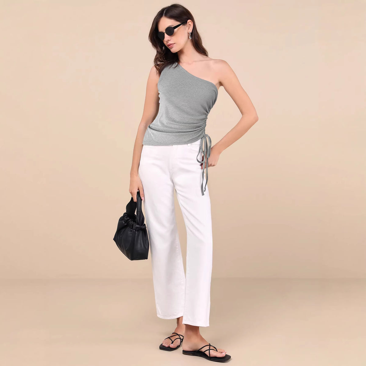 Women's Clothing Oblique Shoulder Drawstring Solid Color Sleeveless Fit