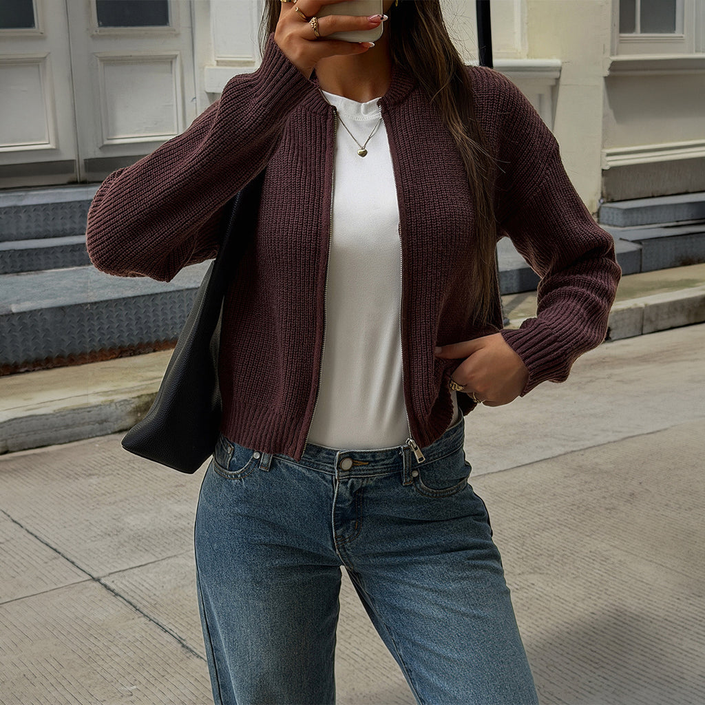 Autumn Winter Retro Casual Stand Collar Zipper Thick Sunken Stripe Top