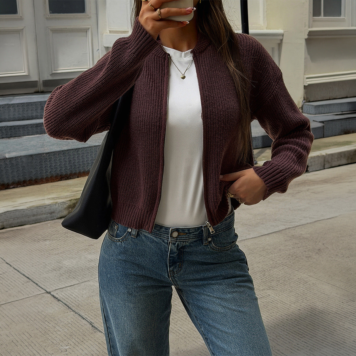 Autumn Winter Retro Casual Stand Collar Zipper Thick Sunken Stripe Top