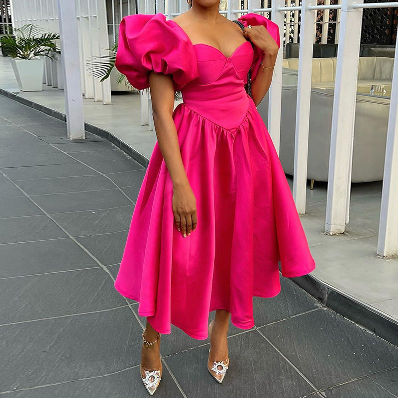 Square-Neck Puff-Sleeve Waist Dress